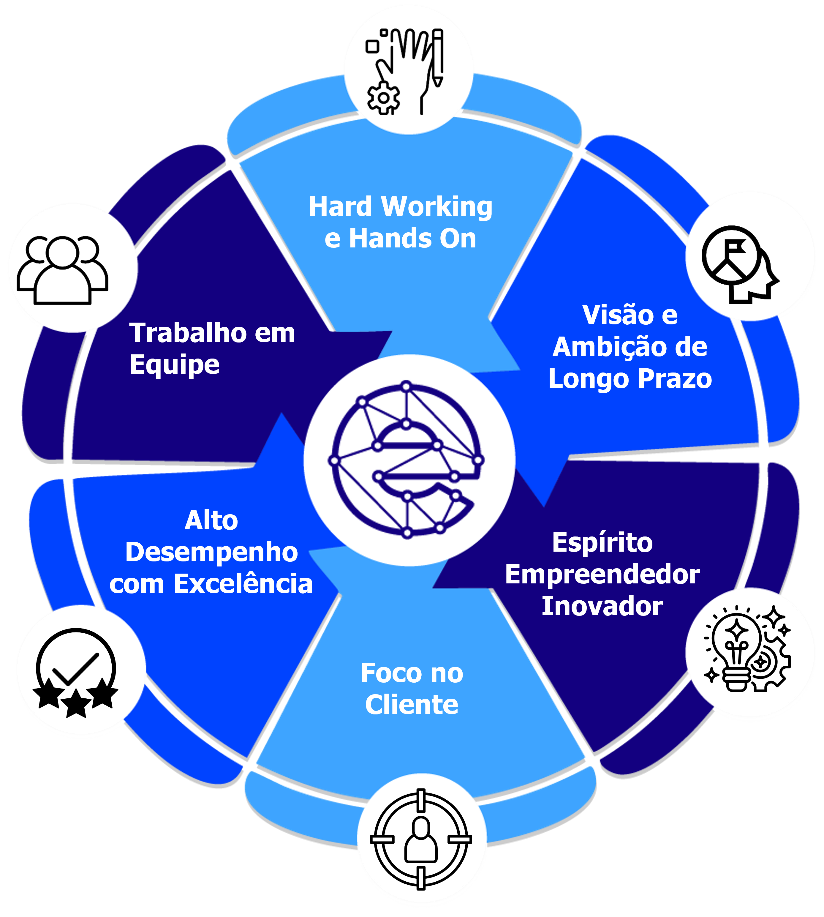 Mandala da cultura Enforce: Hard Working e Hands On, Visão e Ambição de Longo Prazo, Espírito Empreendedor Inovador, Foco no Cliente, Alto Desempenho com Excelência e Trabalho em Equipe